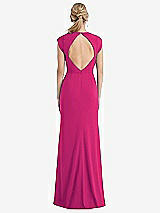 Rear View Thumbnail - Think Pink Cap Sleeve Open-Back Trumpet Gown with Front Slit