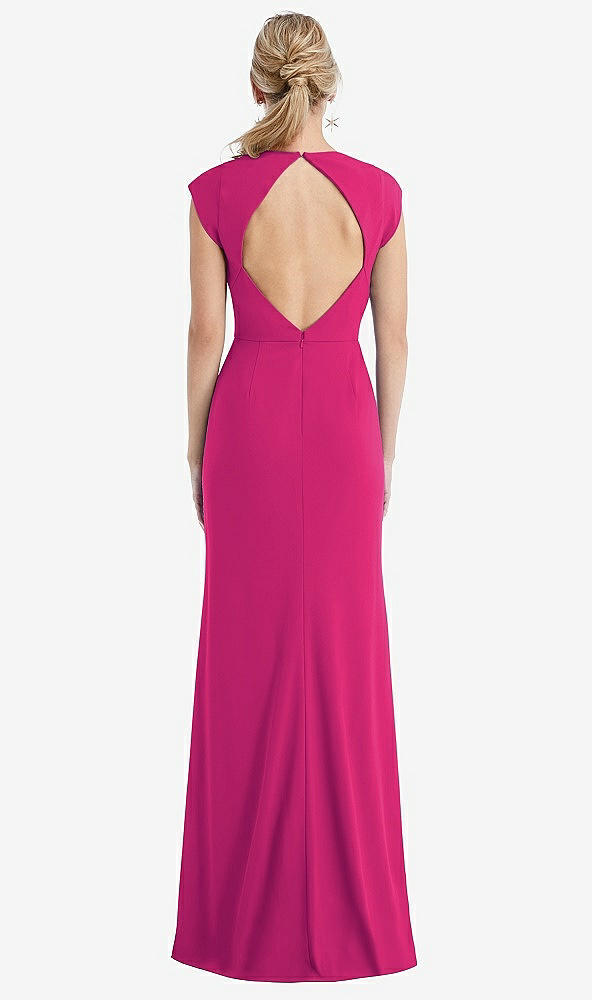 Back View - Think Pink Cap Sleeve Open-Back Trumpet Gown with Front Slit