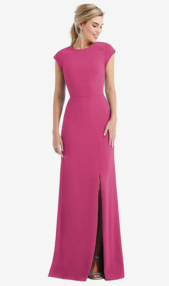 Front View - Tea Rose Cap Sleeve Open-Back Trumpet Gown with Front Slit