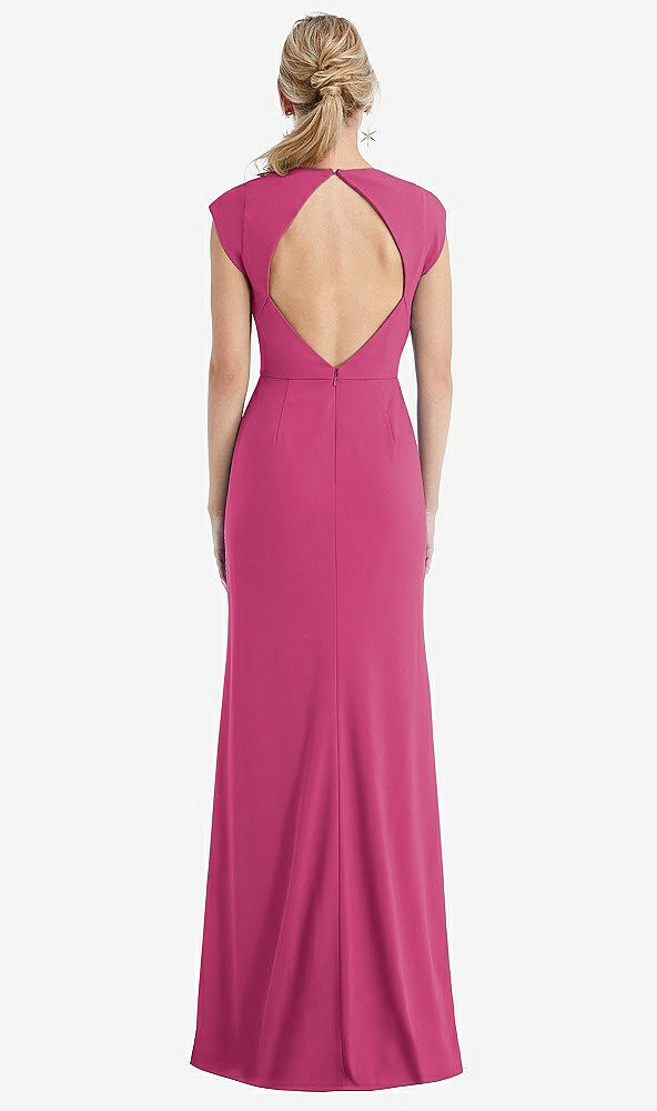 Back View - Tea Rose Cap Sleeve Open-Back Trumpet Gown with Front Slit