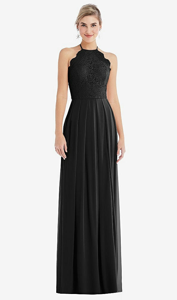 Front View - Black Tie-Neck Lace Halter Pleated Skirt Maxi Dress
