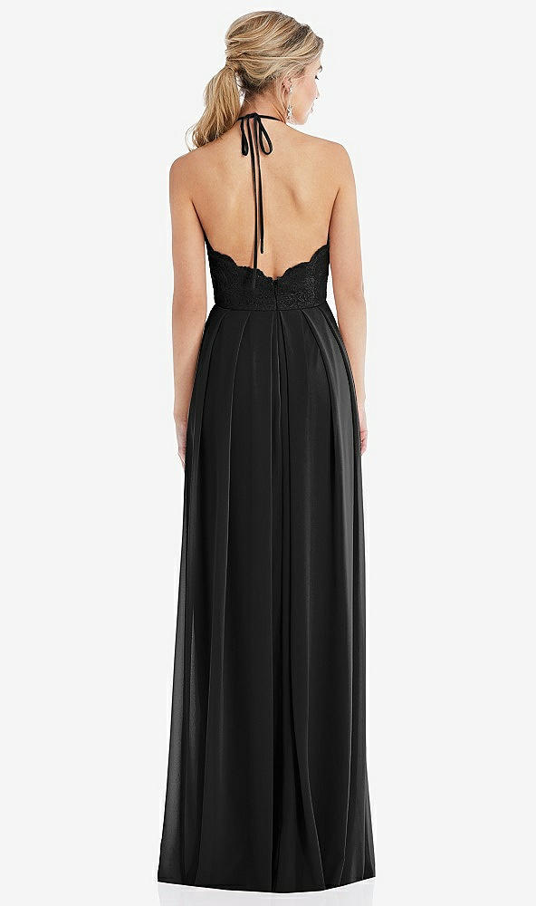 Back View - Black Tie-Neck Lace Halter Pleated Skirt Maxi Dress