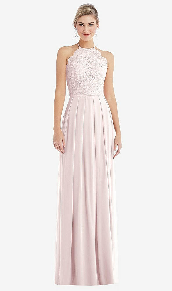 Front View - Blush Tie-Neck Lace Halter Pleated Skirt Maxi Dress