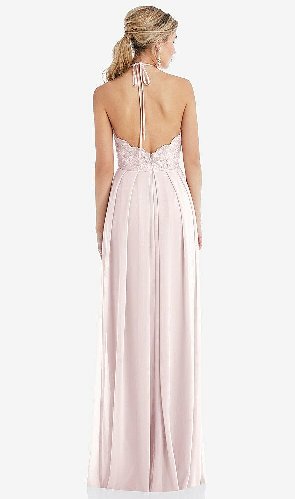 Back View - Blush Tie-Neck Lace Halter Pleated Skirt Maxi Dress