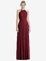 Front View Thumbnail - Burgundy Tie-Neck Lace Halter Pleated Skirt Maxi Dress