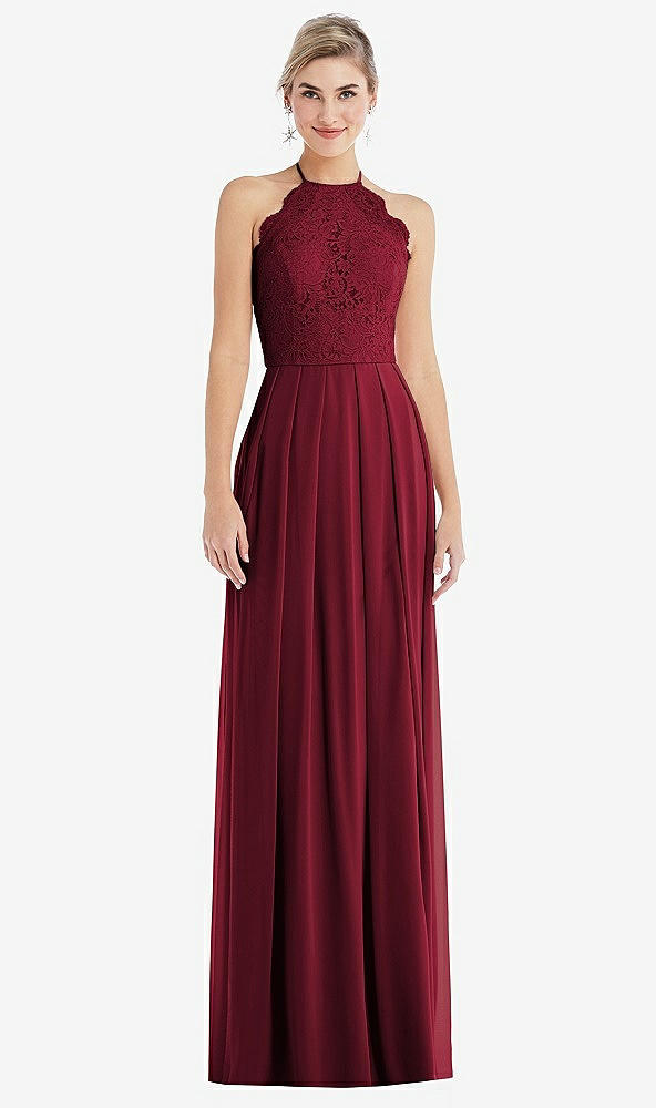 Front View - Burgundy Tie-Neck Lace Halter Pleated Skirt Maxi Dress