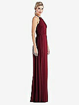 Side View Thumbnail - Burgundy Tie-Neck Lace Halter Pleated Skirt Maxi Dress