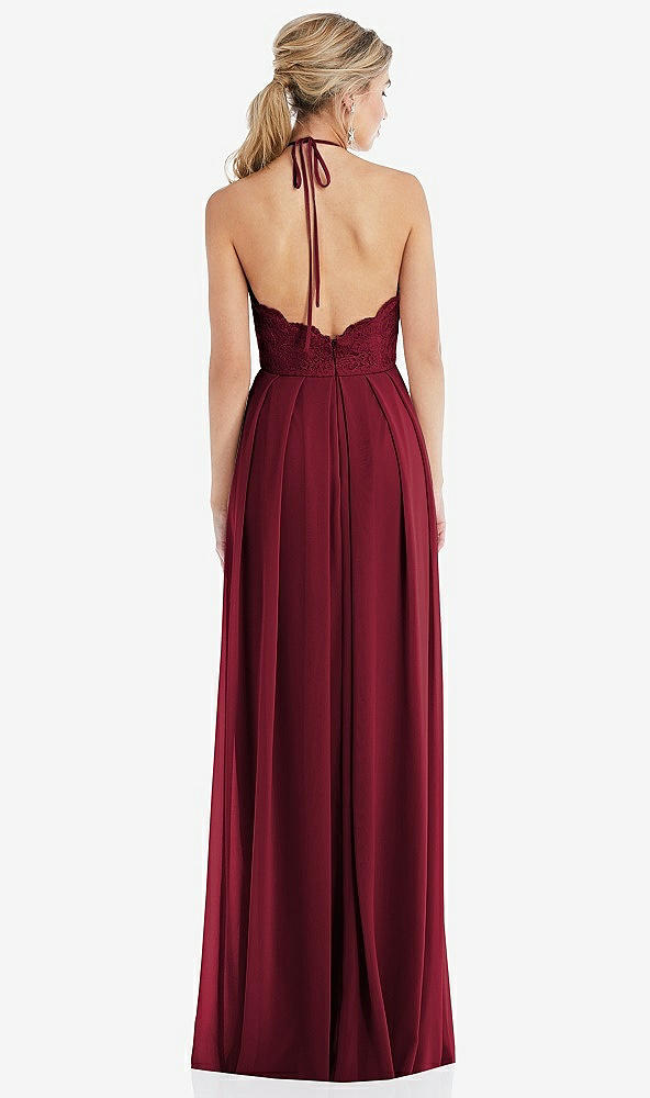 Back View - Burgundy Tie-Neck Lace Halter Pleated Skirt Maxi Dress