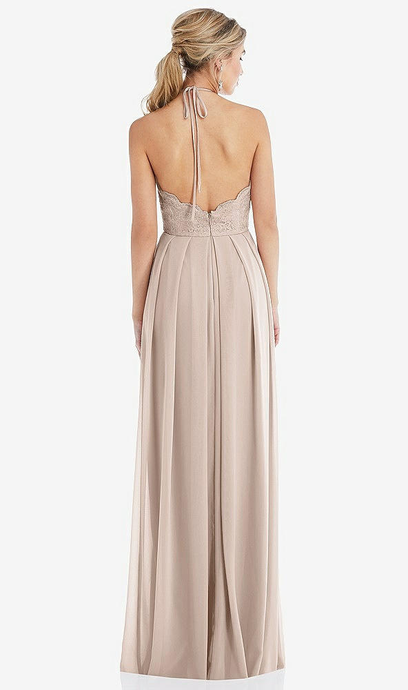 Back View - Cameo Tie-Neck Lace Halter Pleated Skirt Maxi Dress
