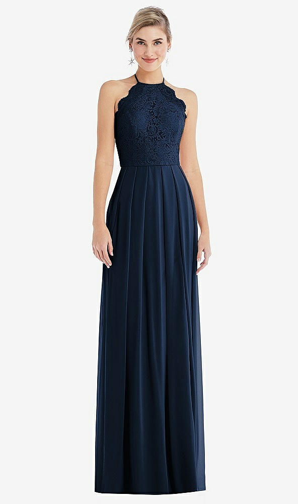 Front View - Midnight Navy Tie-Neck Lace Halter Pleated Skirt Maxi Dress