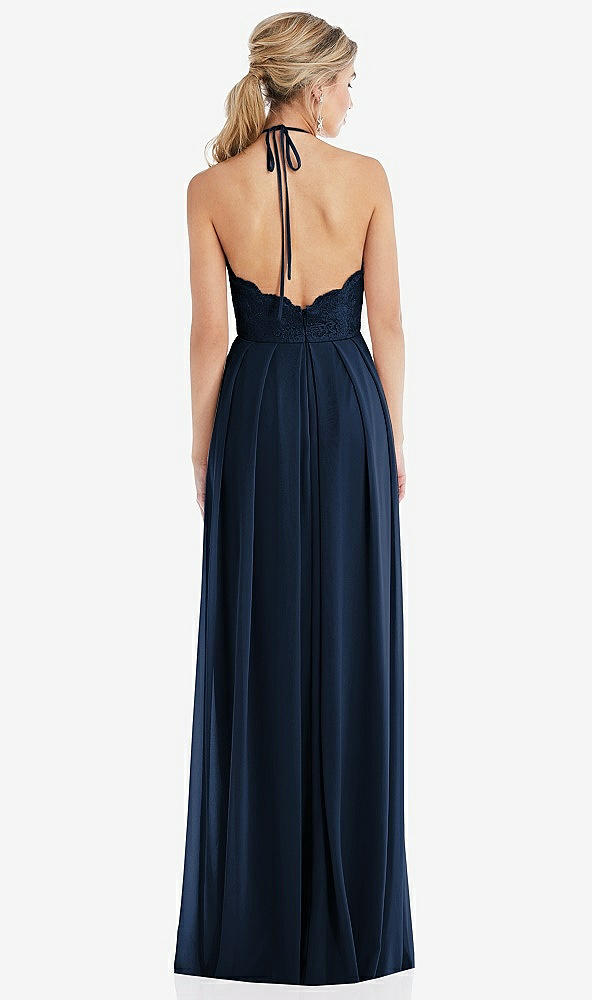Back View - Midnight Navy Tie-Neck Lace Halter Pleated Skirt Maxi Dress