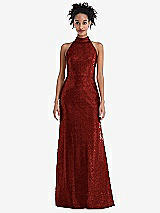 Front View Thumbnail - Burgundy Stand Collar Halter Sequin Trumpet Gown
