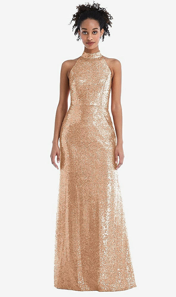 Front View - Copper Rose Stand Collar Halter Sequin Trumpet Gown