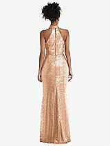 Rear View Thumbnail - Copper Rose Stand Collar Halter Sequin Trumpet Gown