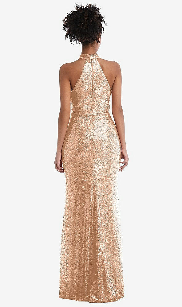 Back View - Copper Rose Stand Collar Halter Sequin Trumpet Gown