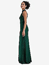 Side View Thumbnail - Hunter Green Stand Collar Halter Sequin Trumpet Gown