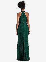 Rear View Thumbnail - Hunter Green Stand Collar Halter Sequin Trumpet Gown