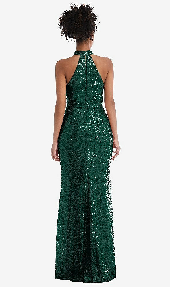 Back View - Hunter Green Stand Collar Halter Sequin Trumpet Gown