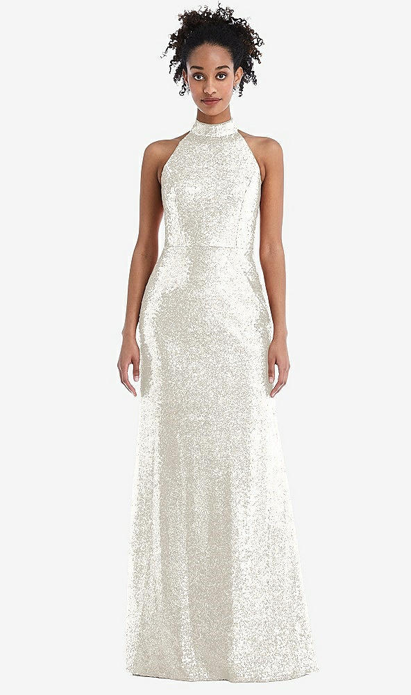 Front View - Ivory Stand Collar Halter Sequin Trumpet Gown