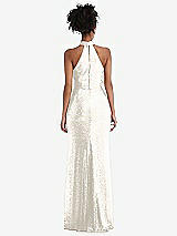Rear View Thumbnail - Ivory Stand Collar Halter Sequin Trumpet Gown