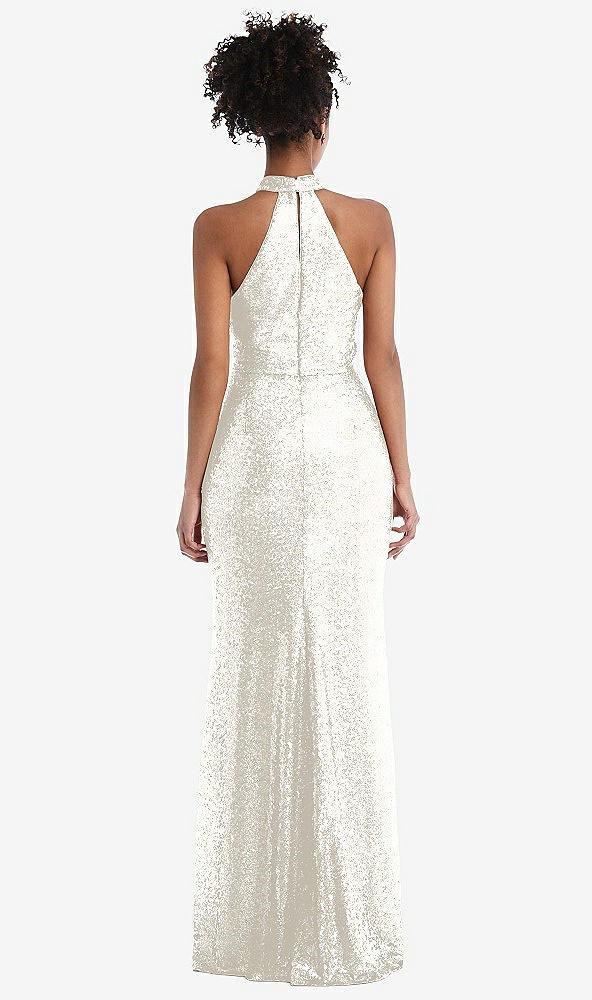Back View - Ivory Stand Collar Halter Sequin Trumpet Gown