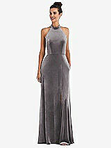 Front View Thumbnail - Caviar Gray High-Neck Halter Velvet Maxi Dress with Front Slit
