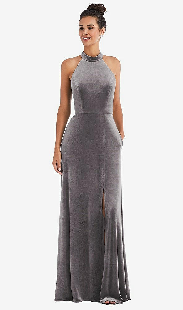 Front View - Caviar Gray High-Neck Halter Velvet Maxi Dress with Front Slit