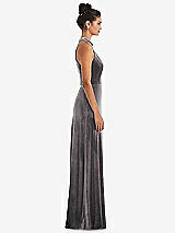 Side View Thumbnail - Caviar Gray High-Neck Halter Velvet Maxi Dress with Front Slit