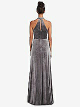Rear View Thumbnail - Caviar Gray High-Neck Halter Velvet Maxi Dress with Front Slit