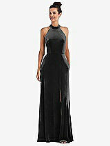 Front View Thumbnail - Black High-Neck Halter Velvet Maxi Dress with Front Slit