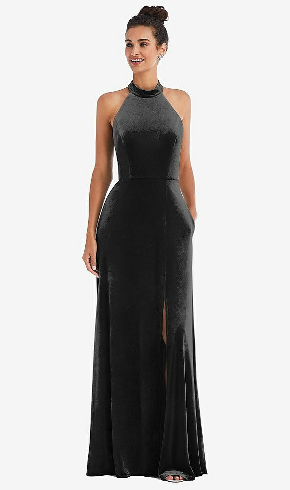 Front View - Black High-Neck Halter Velvet Maxi Dress with Front Slit