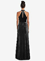 Rear View Thumbnail - Black High-Neck Halter Velvet Maxi Dress with Front Slit