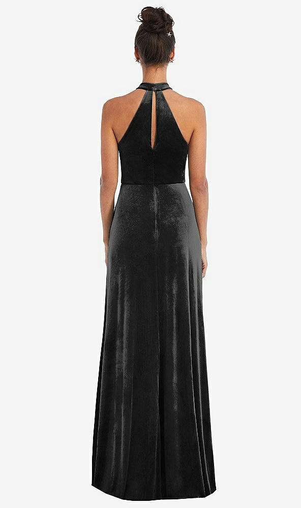 Back View - Black High-Neck Halter Velvet Maxi Dress with Front Slit