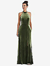 Front View Thumbnail - Olive Green High-Neck Halter Velvet Maxi Dress with Front Slit