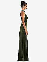 Side View Thumbnail - Olive Green High-Neck Halter Velvet Maxi Dress with Front Slit
