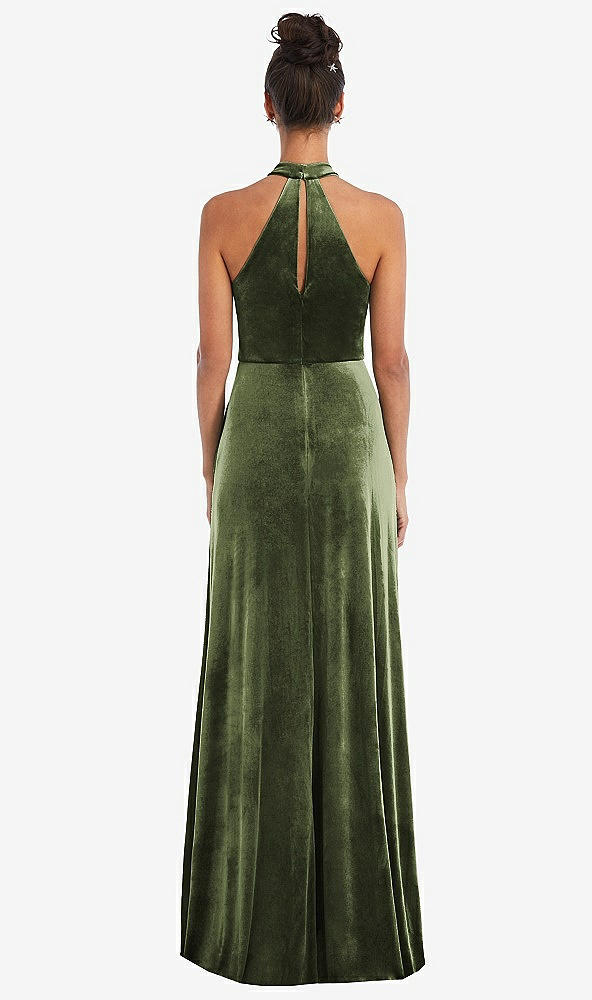 Back View - Olive Green High-Neck Halter Velvet Maxi Dress with Front Slit