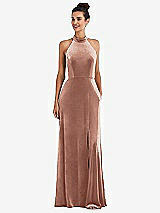 Front View Thumbnail - Tawny Rose High-Neck Halter Velvet Maxi Dress with Front Slit
