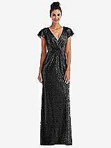 Front View Thumbnail - Black Cap Sleeve Wrap Bodice Sequin Maxi Dress