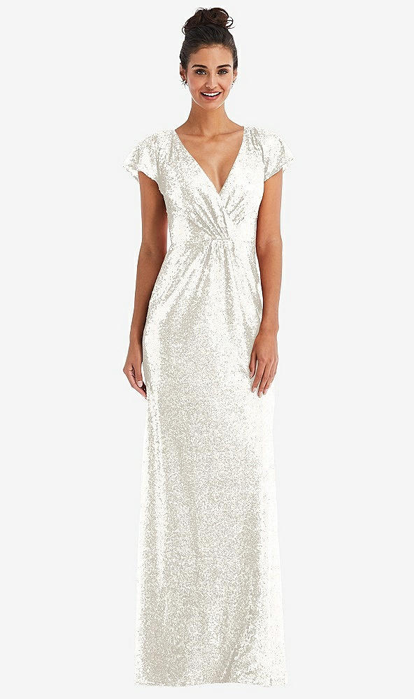 Front View - Ivory Cap Sleeve Wrap Bodice Sequin Maxi Dress