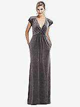 Front View Thumbnail - Caviar Gray Flutter Sleeve Wrap Bodice Velvet Maxi Dress with Pockets
