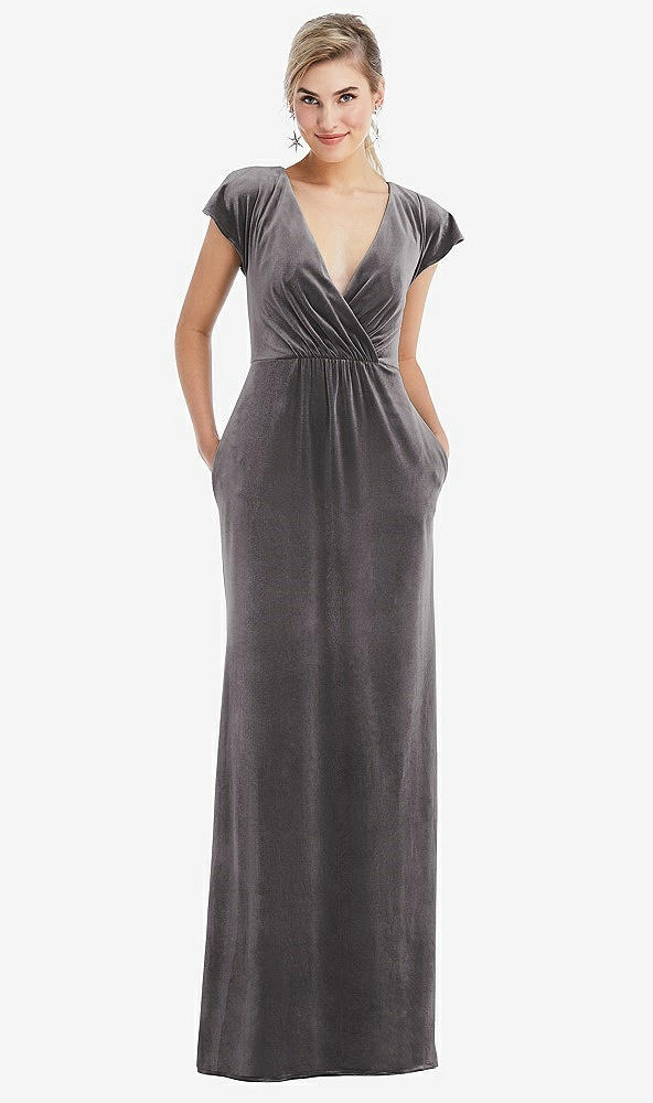 Front View - Caviar Gray Flutter Sleeve Wrap Bodice Velvet Maxi Dress with Pockets