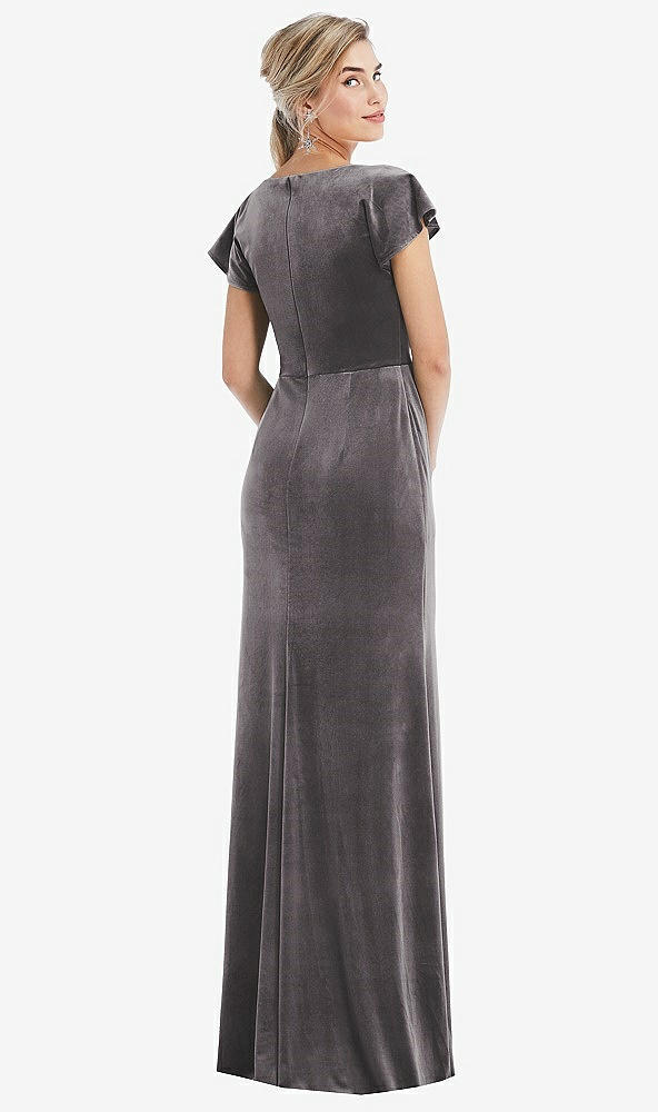 Back View - Caviar Gray Flutter Sleeve Wrap Bodice Velvet Maxi Dress with Pockets