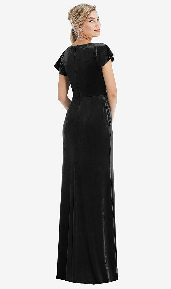 Back View - Black Flutter Sleeve Wrap Bodice Velvet Maxi Dress with Pockets
