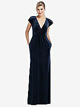 Front View Thumbnail - Midnight Navy Flutter Sleeve Wrap Bodice Velvet Maxi Dress with Pockets