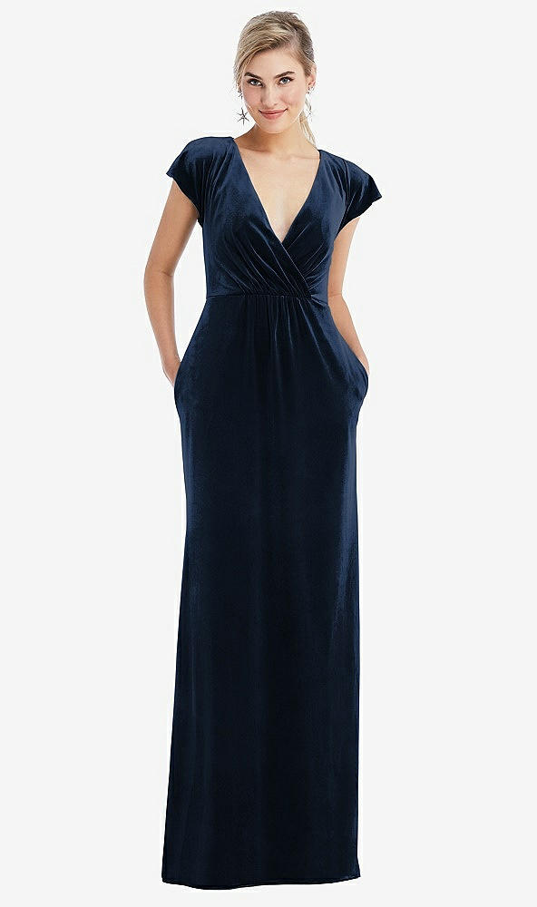 Front View - Midnight Navy Flutter Sleeve Wrap Bodice Velvet Maxi Dress with Pockets