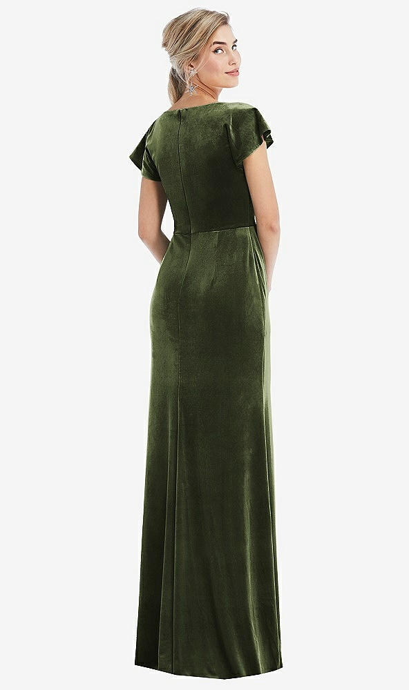 Back View - Olive Green Flutter Sleeve Wrap Bodice Velvet Maxi Dress with Pockets