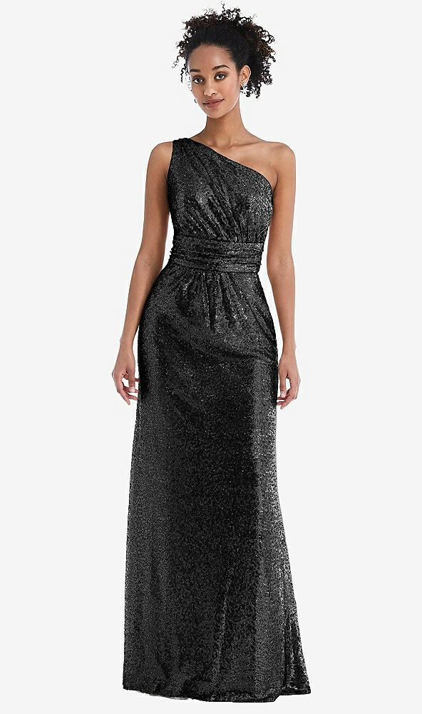 Front View - Black One-Shoulder Draped Sequin Maxi Dress