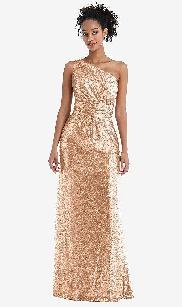 Front View - Copper Rose One-Shoulder Draped Sequin Maxi Dress