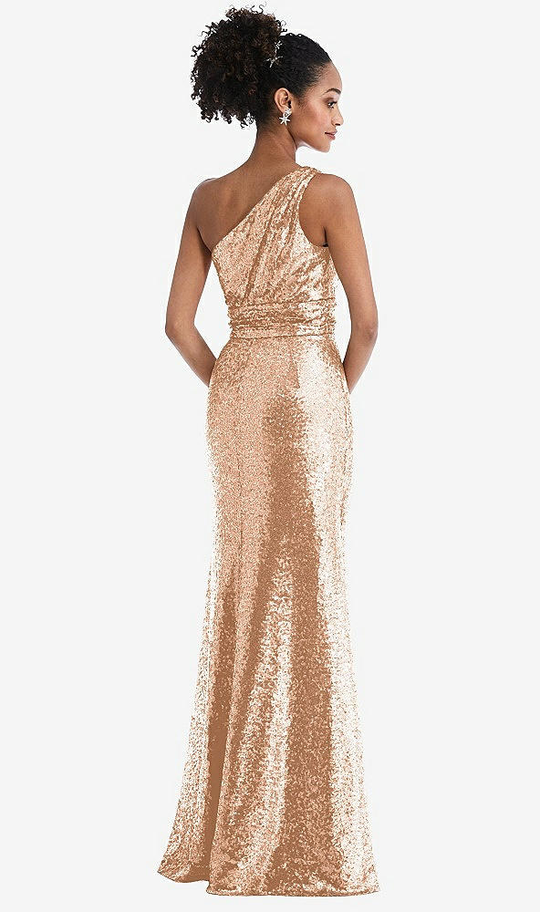 Back View - Copper Rose One-Shoulder Draped Sequin Maxi Dress