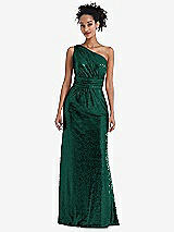 Front View Thumbnail - Hunter Green One-Shoulder Draped Sequin Maxi Dress
